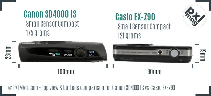 Canon SD4000 IS vs Casio EX-Z90 top view buttons comparison