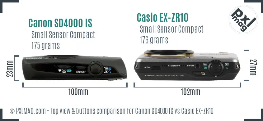 Canon SD4000 IS vs Casio EX-ZR10 top view buttons comparison