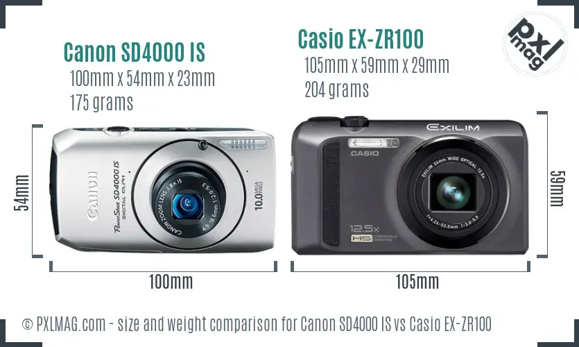 Canon SD4000 IS vs Casio EX-ZR100 size comparison