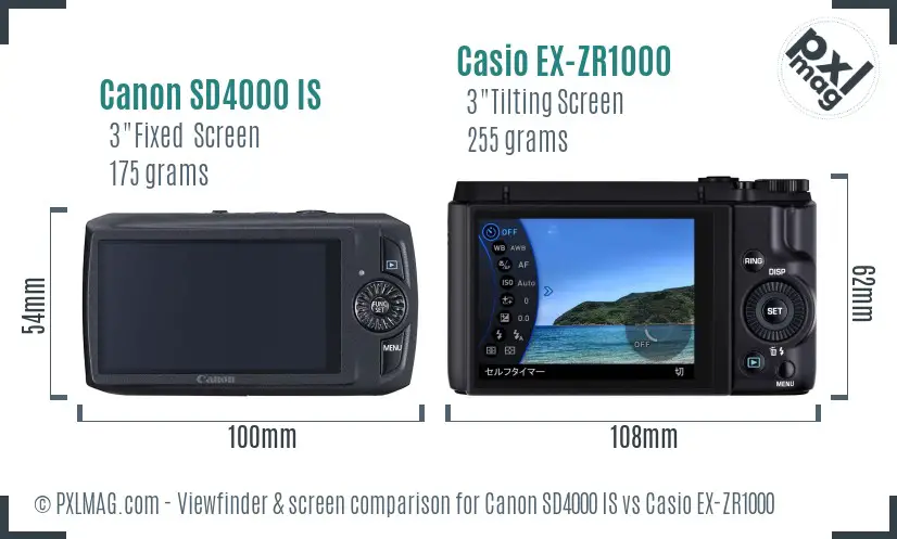 Canon SD4000 IS vs Casio EX-ZR1000 Screen and Viewfinder comparison