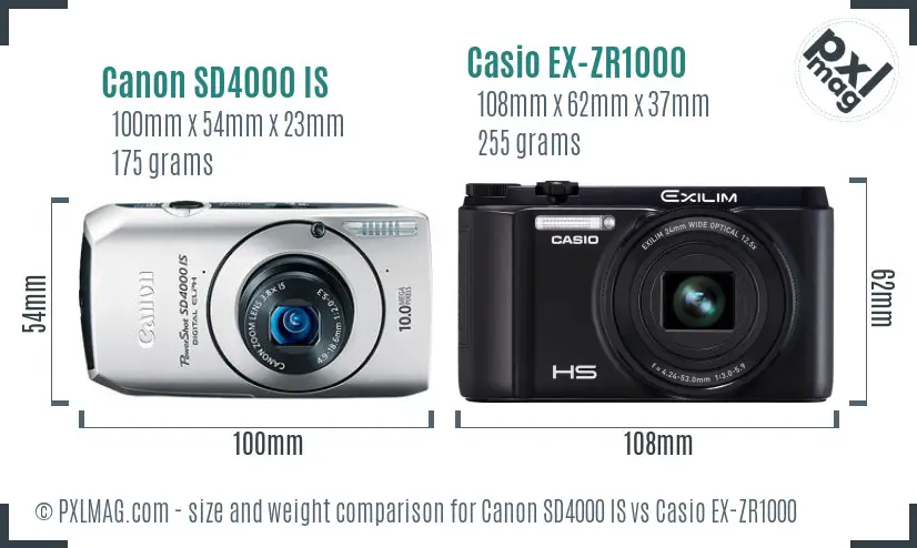 Canon SD4000 IS vs Casio EX-ZR1000 size comparison