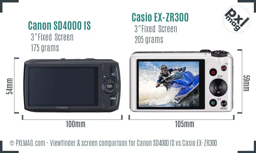 Canon SD4000 IS vs Casio EX-ZR300 Screen and Viewfinder comparison