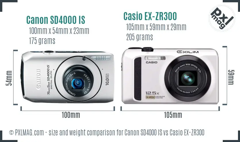 Canon SD4000 IS vs Casio EX-ZR300 size comparison
