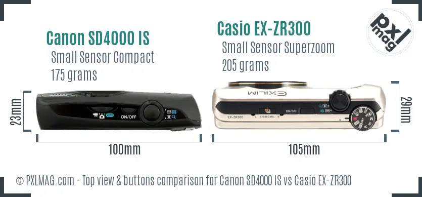 Canon SD4000 IS vs Casio EX-ZR300 top view buttons comparison