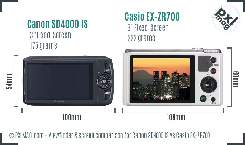 Canon SD4000 IS vs Casio EX-ZR700 Screen and Viewfinder comparison