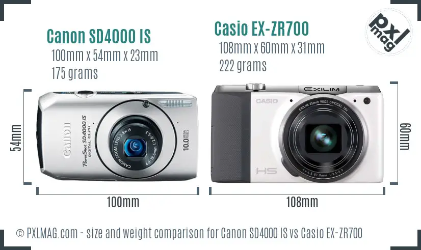 Canon SD4000 IS vs Casio EX-ZR700 size comparison