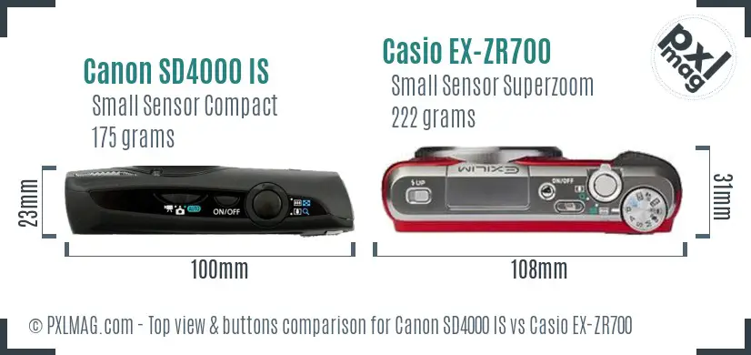 Canon SD4000 IS vs Casio EX-ZR700 top view buttons comparison