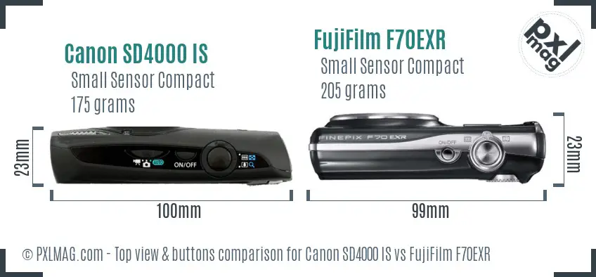 Canon SD4000 IS vs FujiFilm F70EXR top view buttons comparison