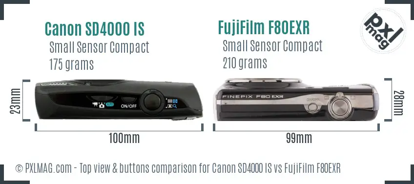 Canon SD4000 IS vs FujiFilm F80EXR top view buttons comparison Canon SD4000 IS vs FujiFilm F80EXR top view buttons comparison