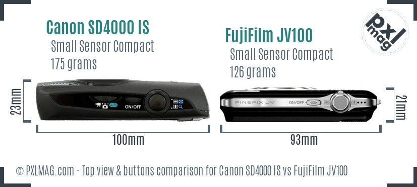 Canon SD4000 IS vs FujiFilm JV100 top view buttons comparison