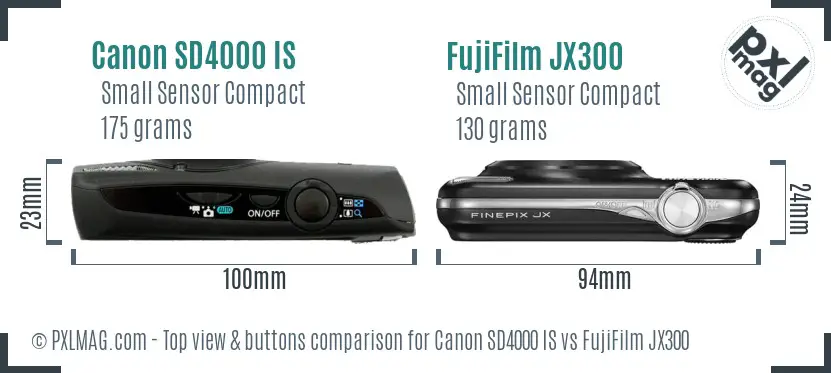 Canon SD4000 IS vs FujiFilm JX300 top view buttons comparison