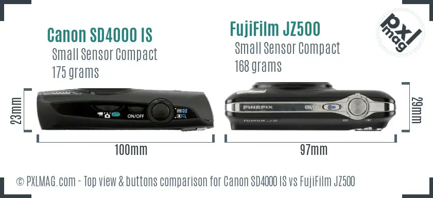 Canon SD4000 IS vs FujiFilm JZ500 top view buttons comparison