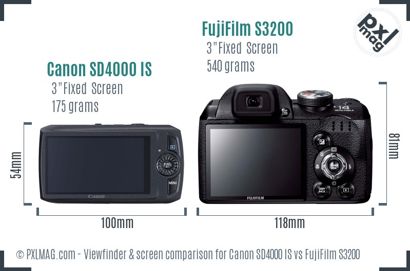 Canon SD4000 IS vs FujiFilm S3200 Screen and Viewfinder comparison