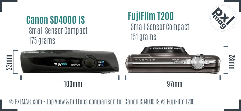 Canon SD4000 IS vs FujiFilm T200 top view buttons comparison