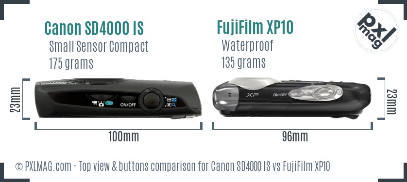 Canon SD4000 IS vs FujiFilm XP10 top view buttons comparison