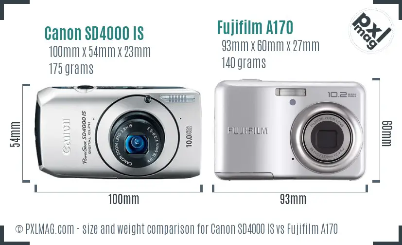 Canon SD4000 IS vs Fujifilm A170 size comparison