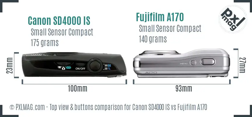 Canon SD4000 IS vs Fujifilm A170 top view buttons comparison