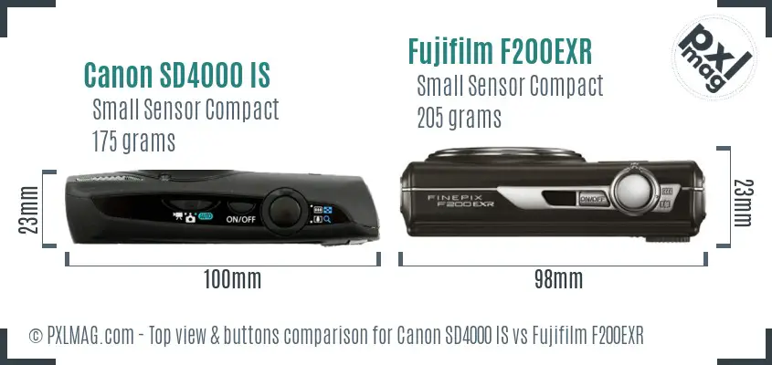 Canon SD4000 IS vs Fujifilm F200EXR top view buttons comparison Canon SD4000 IS vs Fujifilm F200EXR top view buttons comparison