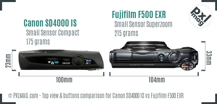 Canon SD4000 IS vs Fujifilm F500 EXR top view buttons comparison