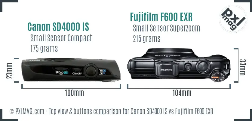 Canon SD4000 IS vs Fujifilm F600 EXR top view buttons comparison Canon SD4000 IS vs Fujifilm F600 EXR top view buttons comparison