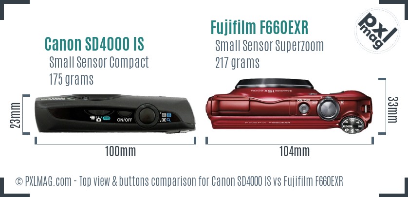 Canon SD4000 IS vs Fujifilm F660EXR top view buttons comparison