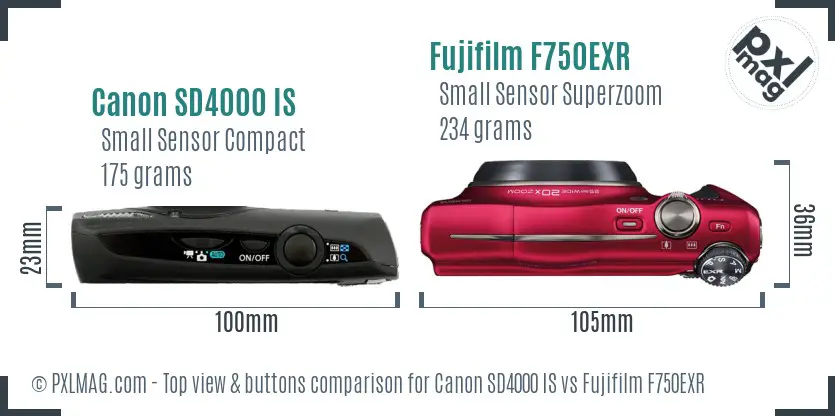 Canon SD4000 IS vs Fujifilm F750EXR top view buttons comparison