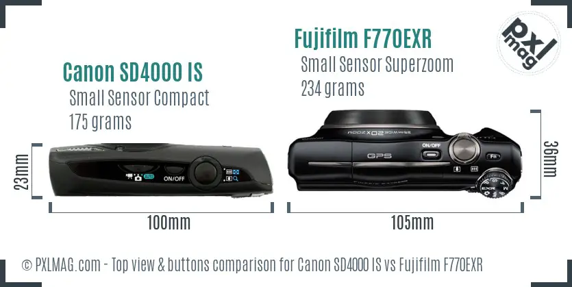 Canon SD4000 IS vs Fujifilm F770EXR top view buttons comparison