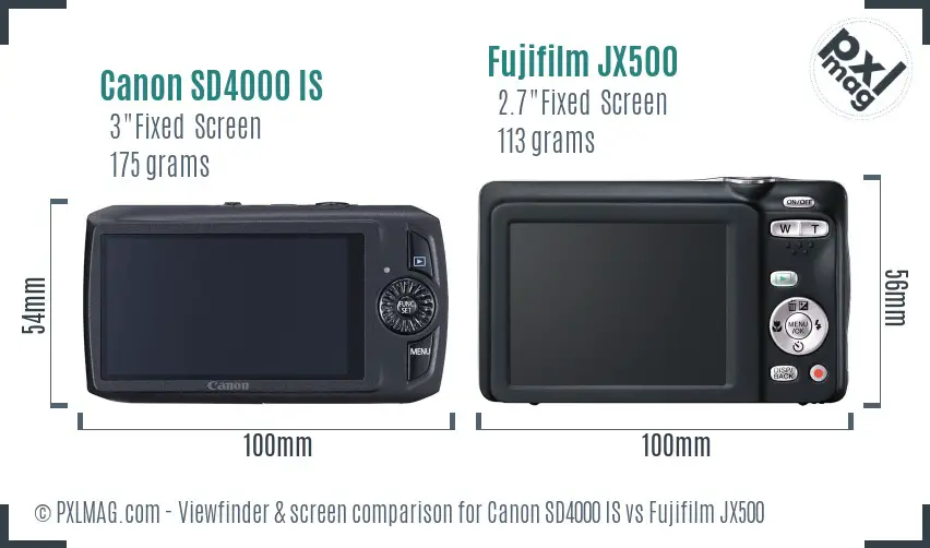 Canon SD4000 IS vs Fujifilm JX500 Screen and Viewfinder comparison