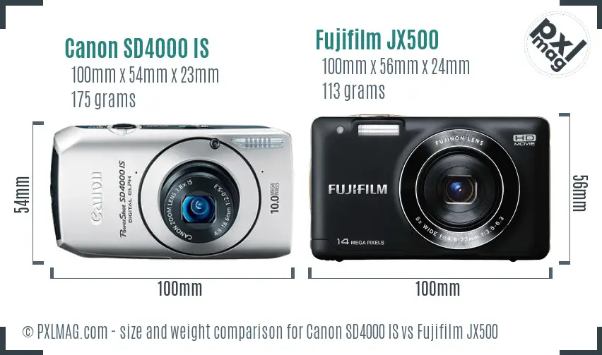 Canon SD4000 IS vs Fujifilm JX500 size comparison