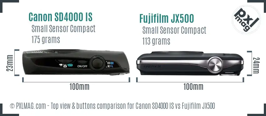 Canon SD4000 IS vs Fujifilm JX500 top view buttons comparison