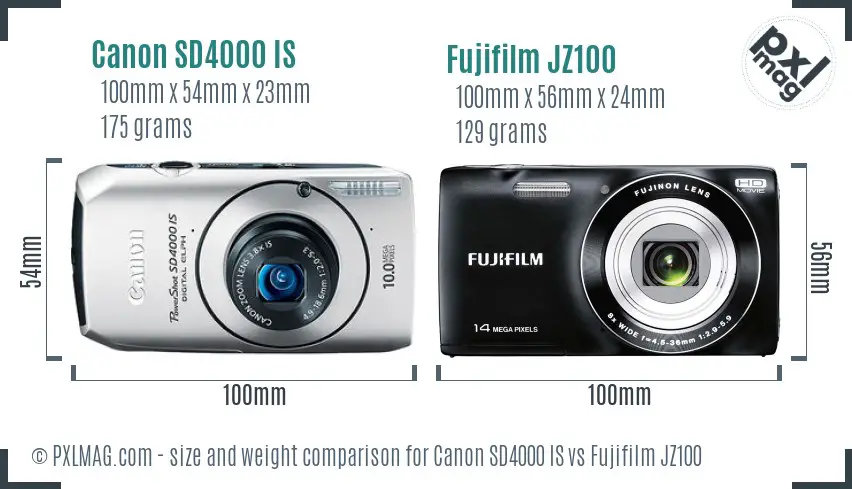 Canon SD4000 IS vs Fujifilm JZ100 size comparison