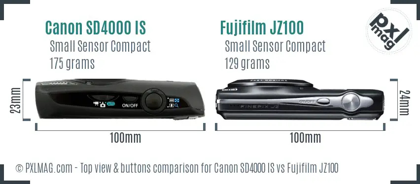 Canon SD4000 IS vs Fujifilm JZ100 top view buttons comparison