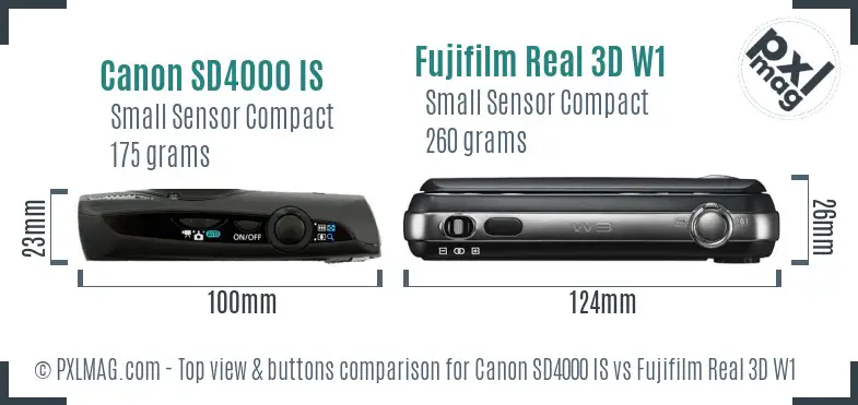 Canon SD4000 IS vs Fujifilm Real 3D W1 top view buttons comparison