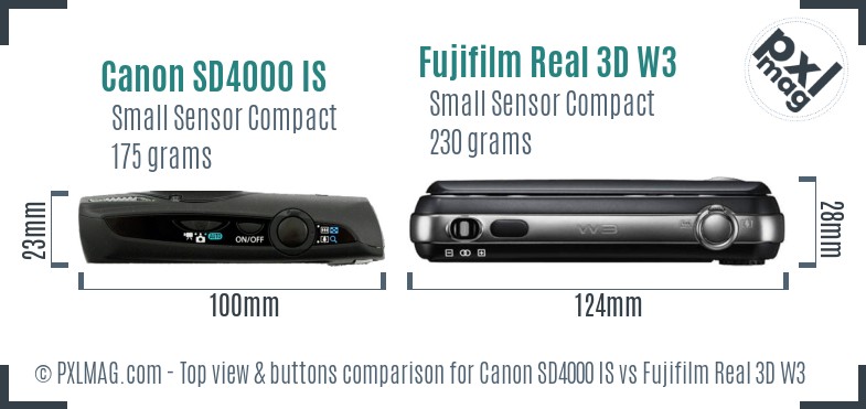 Canon SD4000 IS vs Fujifilm Real 3D W3 top view buttons comparison