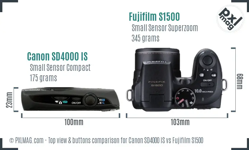 Canon SD4000 IS vs Fujifilm S1500 top view buttons comparison