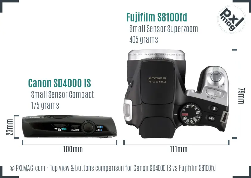 Canon SD4000 IS vs Fujifilm S8100fd top view buttons comparison