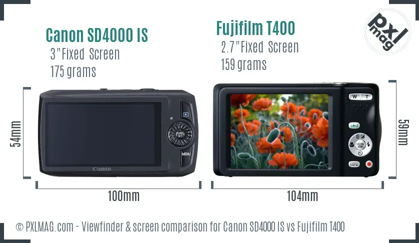 Canon SD4000 IS vs Fujifilm T400 Screen and Viewfinder comparison