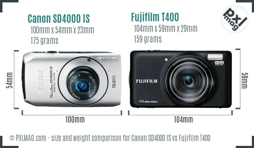 Canon SD4000 IS vs Fujifilm T400 size comparison