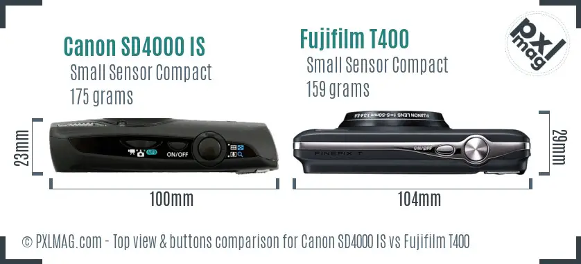 Canon SD4000 IS vs Fujifilm T400 top view buttons comparison