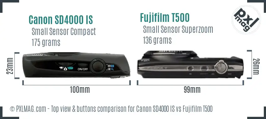 Canon SD4000 IS vs Fujifilm T500 top view buttons comparison