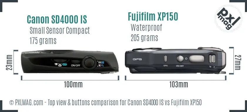Canon SD4000 IS vs Fujifilm XP150 top view buttons comparison