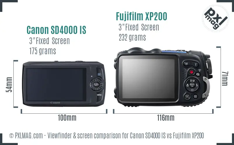 Canon SD4000 IS vs Fujifilm XP200 Screen and Viewfinder comparison