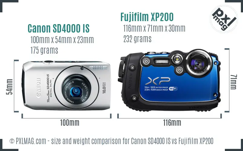 Canon SD4000 IS vs Fujifilm XP200 size comparison