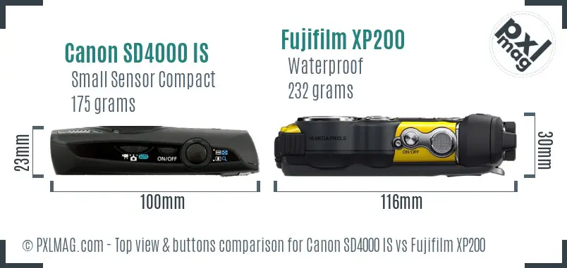 Canon SD4000 IS vs Fujifilm XP200 top view buttons comparison