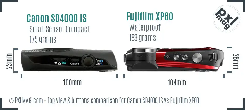 Canon SD4000 IS vs Fujifilm XP60 top view buttons comparison Canon SD4000 IS vs Fujifilm XP60 top view buttons comparison