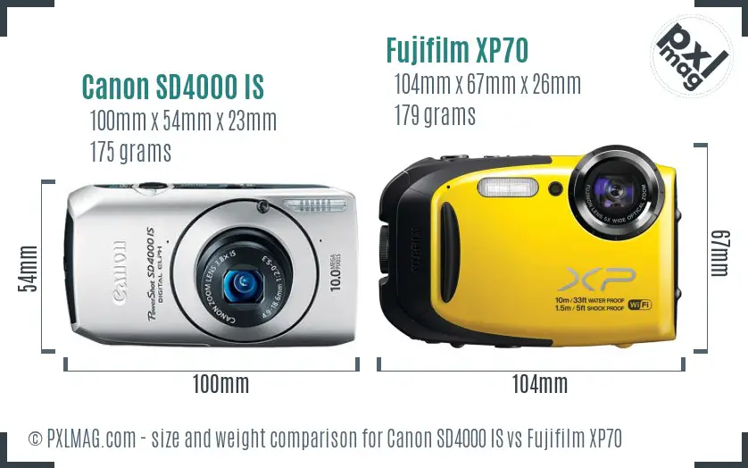 Canon SD4000 IS vs Fujifilm XP70 size comparison