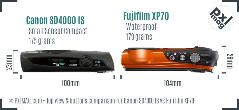 Canon SD4000 IS vs Fujifilm XP70 top view buttons comparison
