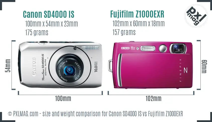 Canon SD4000 IS vs Fujifilm Z1000EXR size comparison