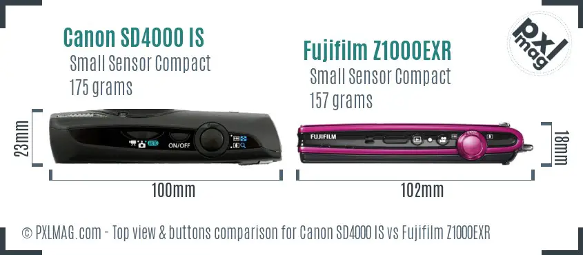 Canon SD4000 IS vs Fujifilm Z1000EXR top view buttons comparison