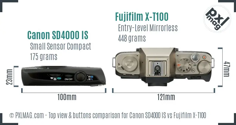 Canon SD4000 IS vs Fujifilm X-T100 top view buttons comparison